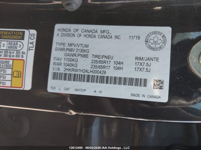 12613458 :رقم المزاد ، 2HKRW1H24LH000429 vin ، 2020 Honda Cr-v مزاد بيع