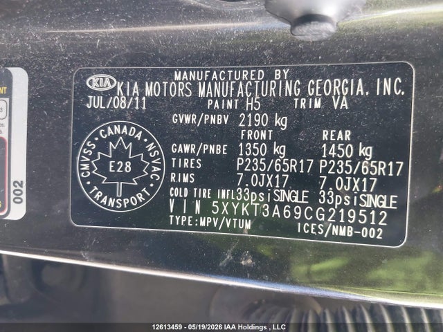 12613459 :رقم المزاد ، 5XYKT3A69CG219512 vin ، 2012 Kia Sorento Lx مزاد بيع