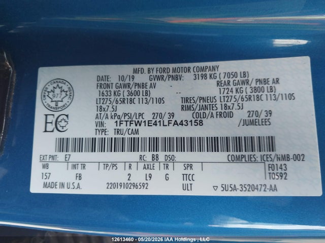 2020 Ford F-150 Xlt მანქანა იყიდება აუქციონზე, vin: 1FTFW1E41LFA43158, აუქციონის ნომერი: 12613460