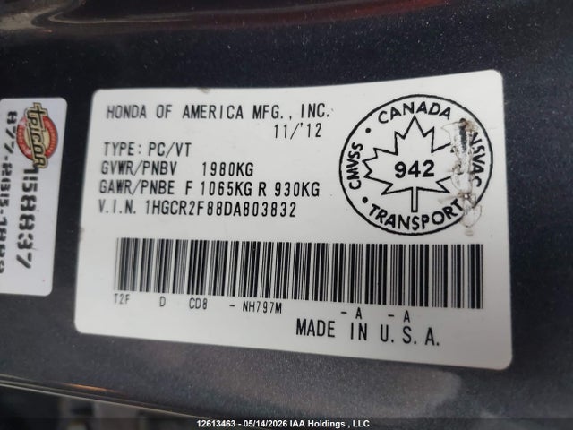 Продажа на аукционе авто 2013 Honda Accord Exl, vin: 1HGCR2F88DA803832, номер лота: 12613463