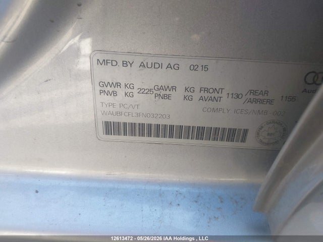 12613472 :رقم المزاد ، WAUBFCFL3FN032203 vin ، 2015 Audi A4 2.0t Komfort Plus مزاد بيع