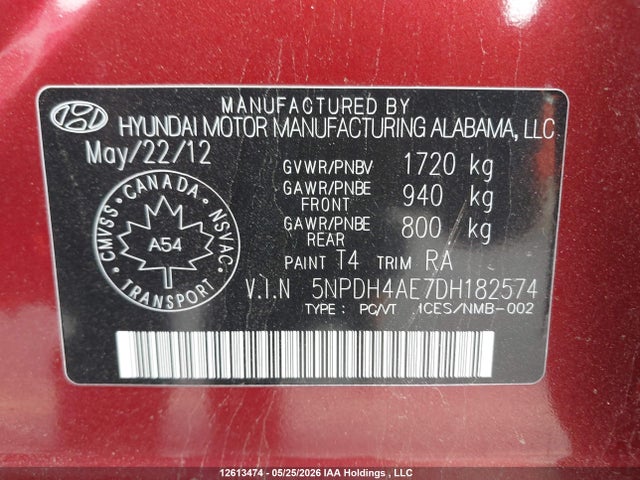 Продаж на аукціоні авто 2013 Hyundai Elantra Gls/limited, vin: 5NPDH4AE7DH182574, номер лоту: 12613474