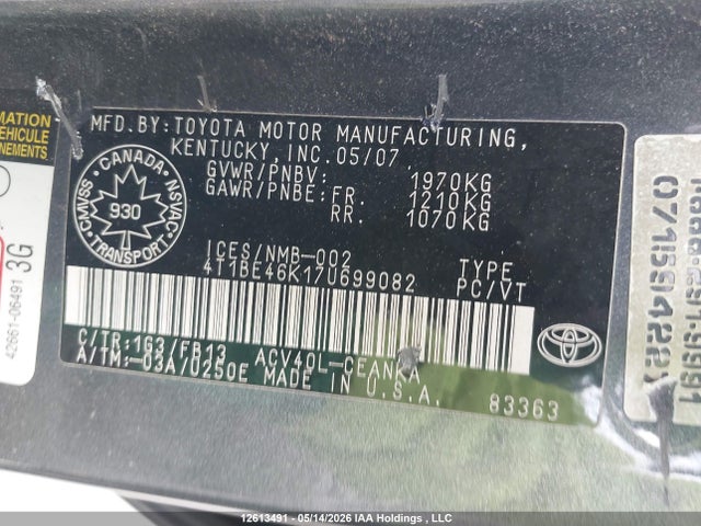 12613491 :رقم المزاد ، 4T1BE46K17U699082 vin ، 2007 Toyota Camry Ce/le/xle/se مزاد بيع