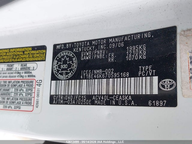 Aukcja sprzedaży 2007 Toyota Camry Ce/le/xle/se, vin: 4T1BE46K67U595168, numer aukcji: 12613499