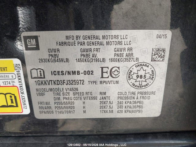 Aukcja sprzedaży 2015 Gmc Acadia Denali, vin: 1GKKVTKD3FJ325972, numer aukcji: 12613502