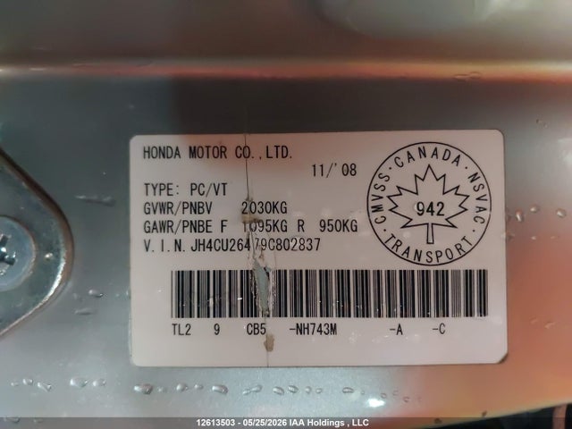 12613503 :رقم المزاد ، JH4CU26479C802837 vin ، 2009 Acura Tsx مزاد بيع