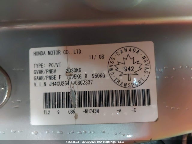 12613503 :رقم المزاد ، JH4CU26479C802837 vin ، 2009 Acura Tsx مزاد بيع