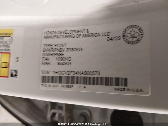 Aukcja sprzedaży 2022 Honda Accord Sport, vin: 1HGCV2F34NA800573, numer aukcji: 12613514