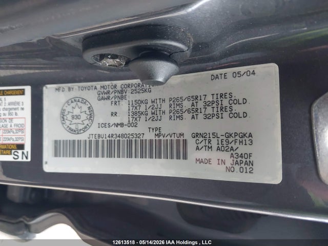 2004 Toyota 4runner Sr5/sport მანქანა იყიდება აუქციონზე, vin: JTEBU14R348025327, აუქციონის ნომერი: 12613518