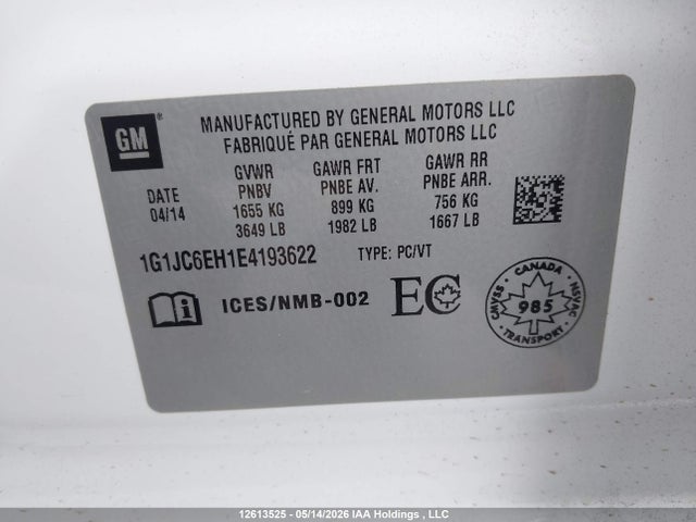 Auction sale of the 2014 Chevrolet Sonic Lt Auto, vin: 1G1JC6EH1E4193622, lot number: 12613525