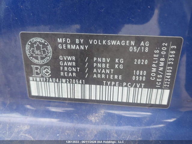 2018 Volkswagen Golf R მანქანა იყიდება აუქციონზე, vin: WVWVF7AU4JW270541, აუქციონის ნომერი: 12613533