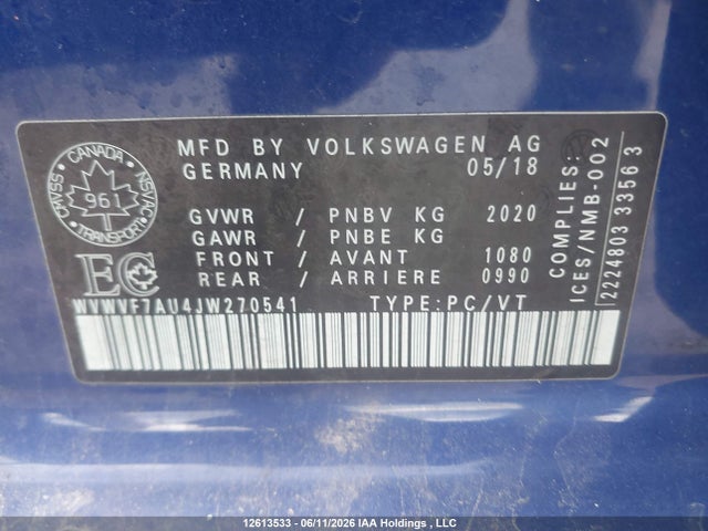 2018 Volkswagen Golf R მანქანა იყიდება აუქციონზე, vin: WVWVF7AU4JW270541, აუქციონის ნომერი: 12613533
