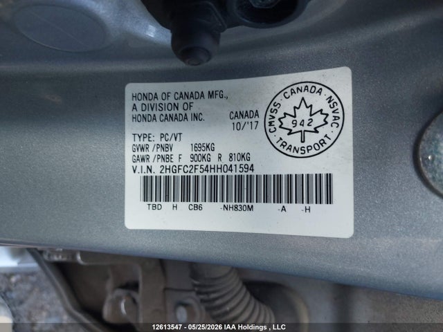 12613547 :رقم المزاد ، 2HGFC2F54HH041594 vin ، 2017 Honda Civic Lx مزاد بيع