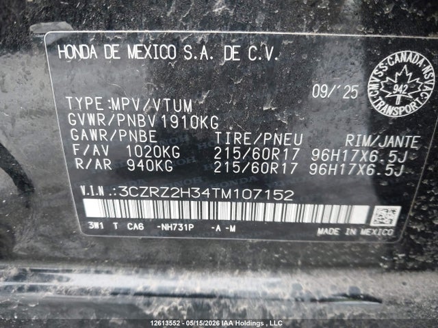 3CZRZ2H34TM107152 Honda Hr-v Lx Awd