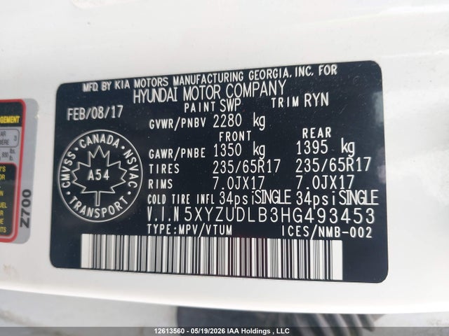 5XYZUDLB3HG493453 Hyundai Santa Fe