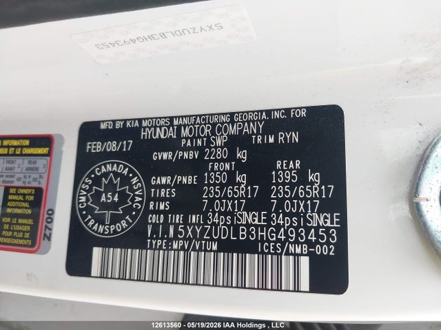 5XYZUDLB3HG493453 Hyundai Santa Fe