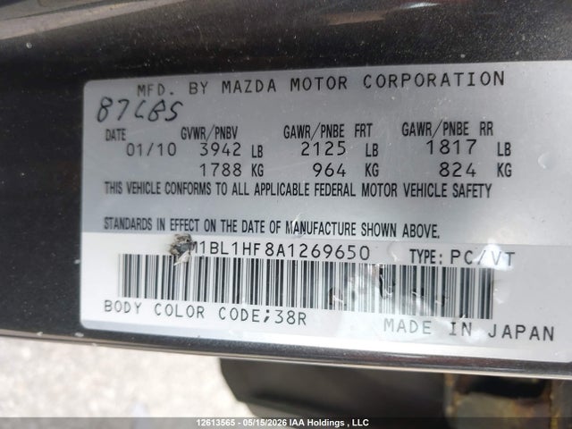 Aukcja sprzedaży 2010 Mazda 3 I, vin: JM1BL1HF8A1269650, numer aukcji: 12613565