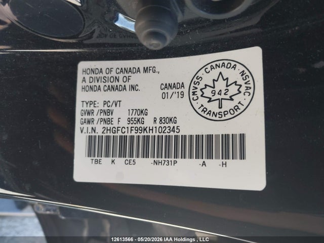 2019 Honda Civic Touring მანქანა იყიდება აუქციონზე, vin: 2HGFC1F99KH102345, აუქციონის ნომერი: 12613566