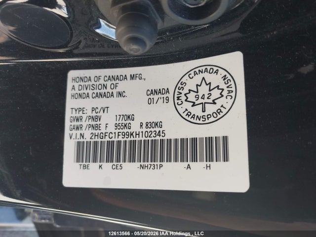 2019 Honda Civic Touring მანქანა იყიდება აუქციონზე, vin: 2HGFC1F99KH102345, აუქციონის ნომერი: 12613566