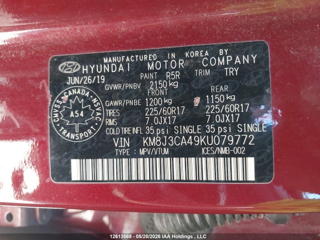 2019 Hyundai Tucson მანქანა იყიდება აუქციონზე, vin: KM8J3CA49KU079772, აუქციონის ნომერი: 12613569