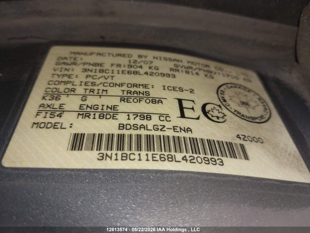 Aukcja sprzedaży 2008 Nissan Versa 1.8sl, vin: 3N1BC11E68L420993, numer aukcji: 12613574