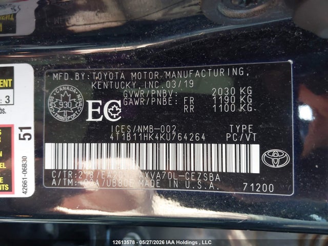 4T1B11HK4KU764264 Toyota Camry L/le/xle/se/xse