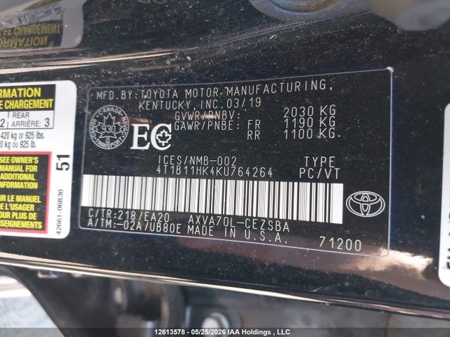 4T1B11HK4KU764264 Toyota Camry L/le/xle/se/xse
