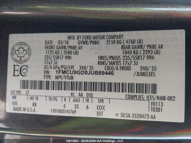 12613583 :رقم المزاد ، 1FMCU9GDOJUB89446 vin ، 2018 Ford Escape Se مزاد بيع