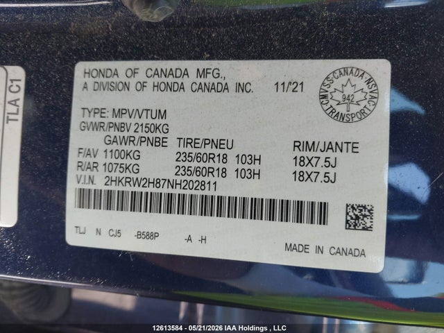12613584 :رقم المزاد ، 2HKRW2H87NH202811 vin ، 2022 Honda Cr-v مزاد بيع