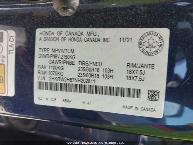12613584 :رقم المزاد ، 2HKRW2H87NH202811 vin ، 2022 Honda Cr-v مزاد بيع