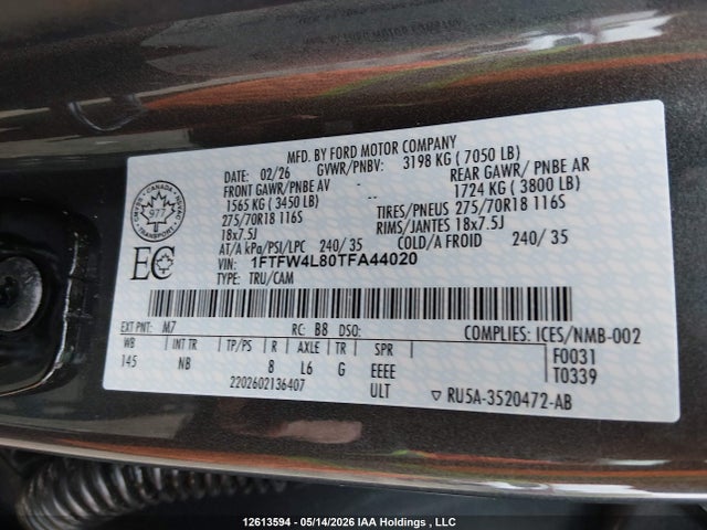 Продажа на аукционе авто 2026 Ford F-150 Tremor, vin: 1FTFW4L80TFA44020, номер лота: 12613594