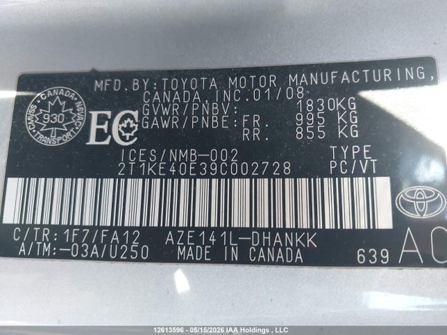 12613596 :رقم المزاد ، 2T1KE40E39C002728 vin ، 2009 Toyota Matrix Xr مزاد بيع