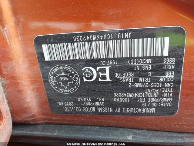 Auction sale of the 2019 Nissan Qashqai S/sl/sv, vin: JN1BJ1CR4KW342026, lot number: 12613598