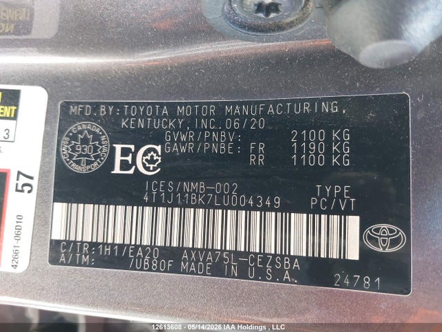 12613608 :رقم المزاد ، 4T1J11BK7LU004349 vin ، 2020 Toyota Camry Se مزاد بيع