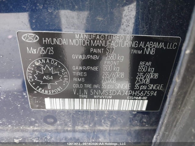 Aukcja sprzedaży 2023 Hyundai Santa Fe, vin: 5NMS3DAJ4PH567594, numer aukcji: 12613613