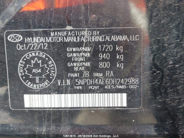 2013 Hyundai Elantra Gls/limited მანქანა იყიდება აუქციონზე, vin: 5NPDH4AE6DH242988, აუქციონის ნომერი: 12613615