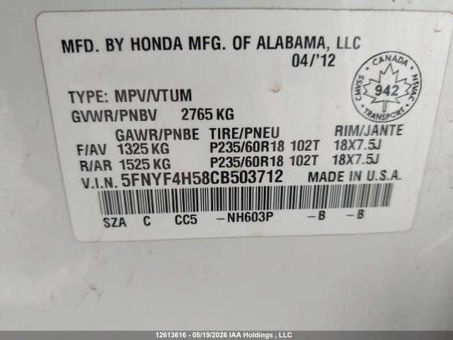Продажа на аукционе авто 2012 Honda Pilot Exl, vin: 5FNYF4H58CB503712, номер лота: 12613616