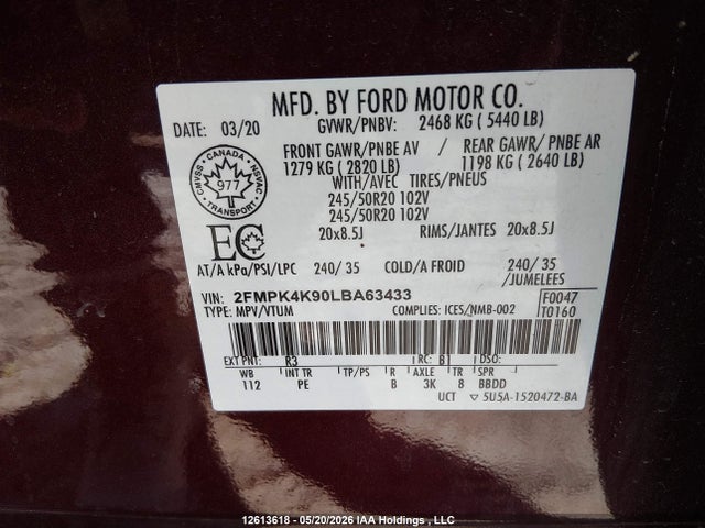 12613618 :رقم المزاد ، 2FMPK4K90LBA63433 vin ، 2020 Ford Edge مزاد بيع