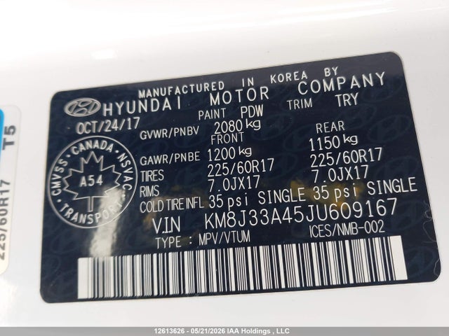KM8J33A45JU609167 Hyundai Tucson Limited/sport And Eco/se