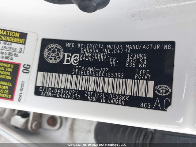 2T1BURHEXEC155363 Toyota Corolla L/le/le Pls/prm/s/s Pls