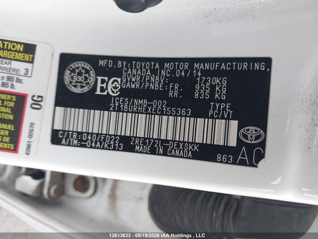 2T1BURHEXEC155363 Toyota Corolla L/le/le Pls/prm/s/s Pls