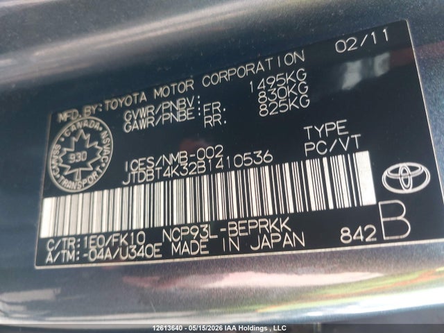 12613640 :رقم المزاد ، JTDBT4K32B1410536 vin ، 2011 Toyota Yaris مزاد بيع