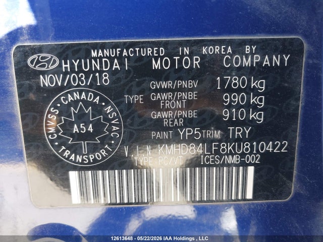 2019 Hyundai Elantra მანქანა იყიდება აუქციონზე, vin: KMHD84LF8KU810422, აუქციონის ნომერი: 12613648