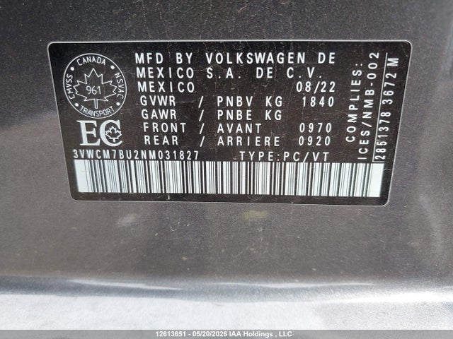 Продаж на аукціоні авто 2022 Volkswagen Jetta S, vin: 3VWCM7BU2NM031827, номер лоту: 12613651