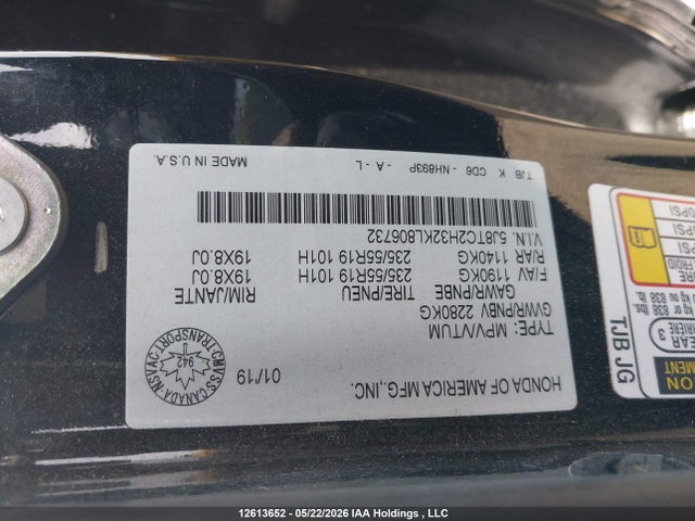 2019 Acura Rdx Tech მანქანა იყიდება აუქციონზე, vin: 5J8TC2H32KL806732, აუქციონის ნომერი: 12613652