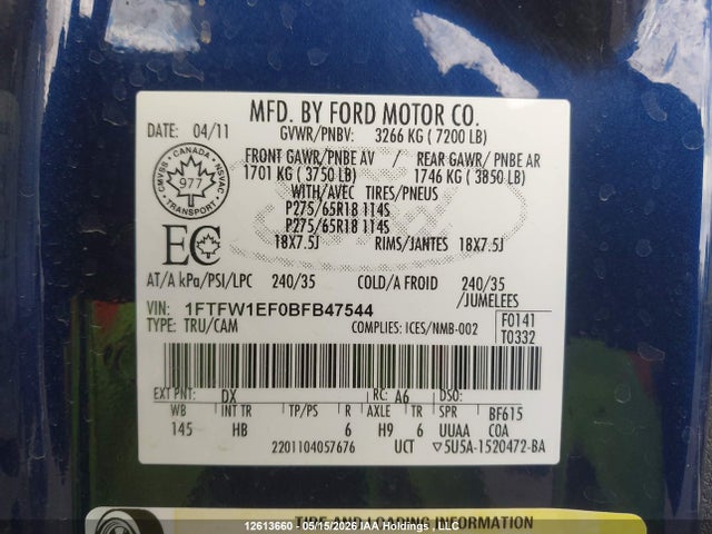 12613660 :رقم المزاد ، 1FTFW1EF0BFB47544 vin ، 2011 Ford F-150 Lariat مزاد بيع