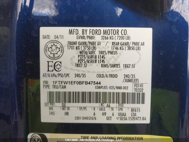 12613660 :رقم المزاد ، 1FTFW1EF0BFB47544 vin ، 2011 Ford F-150 Lariat مزاد بيع