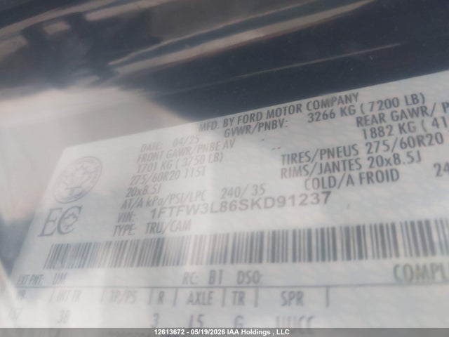 Продаж на аукціоні авто 2025 Ford F-150, vin: 1FTFW3L86SKD91237, номер лоту: 12613672
