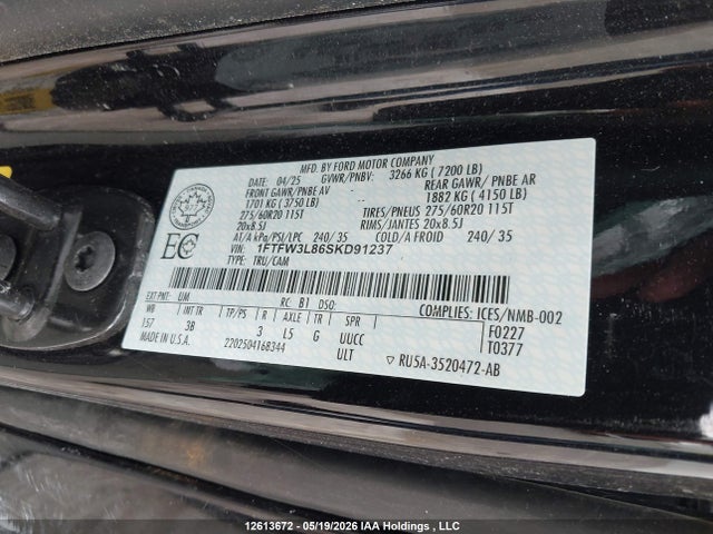 Продаж на аукціоні авто 2025 Ford F-150, vin: 1FTFW3L86SKD91237, номер лоту: 12613672