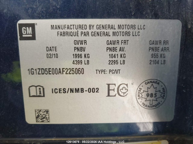 12613675 :رقم المزاد ، 1G1ZD5E00AF225060 vin ، 2010 Chevrolet Malibu Lt Platinum Edition مزاد بيع